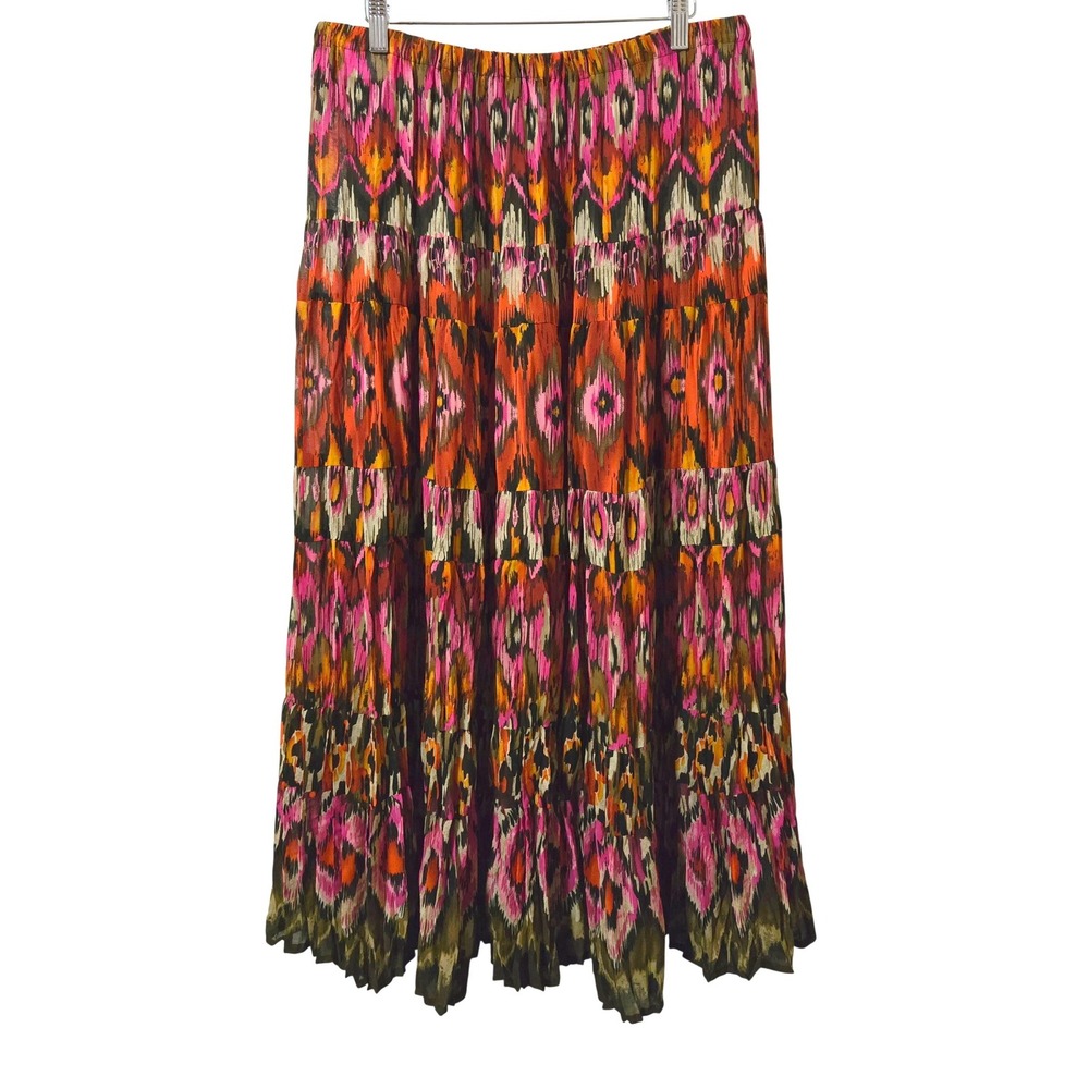 Bohemian Gypsy Ikat Print Tiered Maxi Skirt Women's Pink Orange Plus Size 14/16